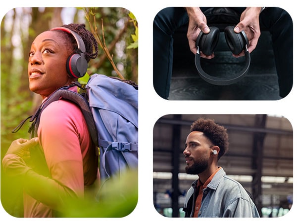 Tres imágenes que muestran a personas usando diferentes tipos de auriculares Philips, incluidos auriculares over-ear y earbuds, en varios entornos