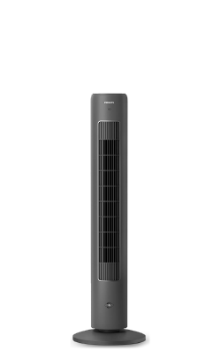 Un ventilador alto de torre Philips serie 5000 negro con botón de aromaterapia en la parte delantera