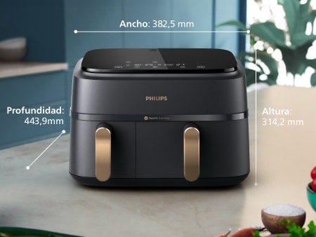 Cesta doble de Philips sobre la encimera con todas las dimensiones descritas: 38,25 x 31,42 x 44,39 cm (An. x Pr. x Al.)